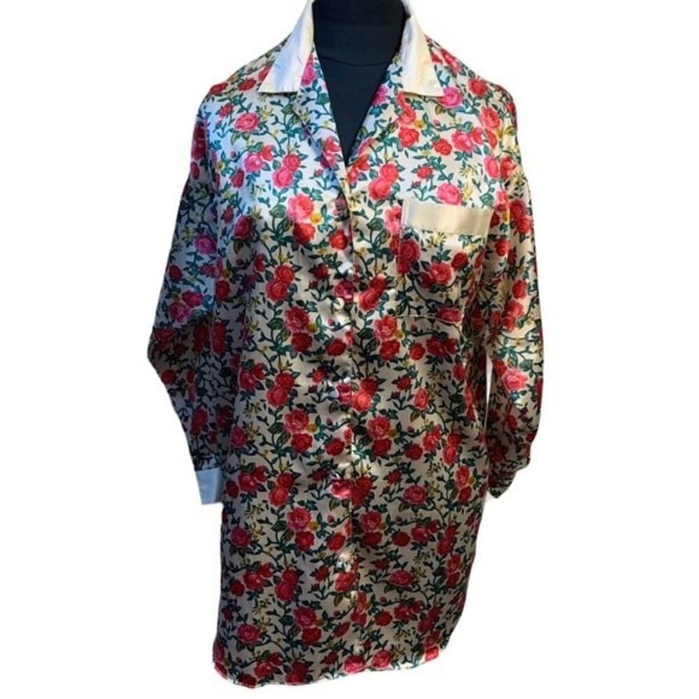 Audrey Lane Floral Sleep Shirt or Night Gown Red Flowers Gold Trim Size Large
